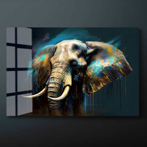 Elephant Tempered Glass Wall Art, Colorful Elephant Glass Wall Decor, Animal Glass Wall Hanging, Ready to Hang