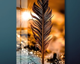 Bird Feather Tempered Glass Wall Art, Feather at Sunset Glass Wall Decor, Reverse Sun Light Glass Wall Hanging, Ready to Hang