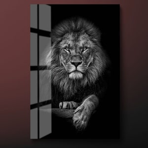 Black White Lion Tempered Glass Wall Art, Lion Portrait Glass Wall Decor, Animal Glass Wall Hanging, Ready to Hang image 1