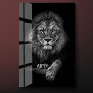Black White Lion Tempered Glass Wall Art, Lion Portrait Glass Wall Decor, Animal Glass Wall Hanging, Ready to Hang