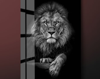 Black White Lion Tempered Glass Wall Art, Lion Portrait Glass Wall Decor, Animal Glass Wall Hanging, Ready to Hang