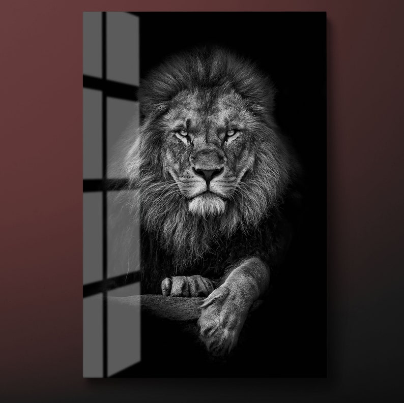 Black White Lion Tempered Glass Wall Art, Lion Portrait Glass Wall Decor, Animal Glass Wall Hanging, Ready to Hang image 1