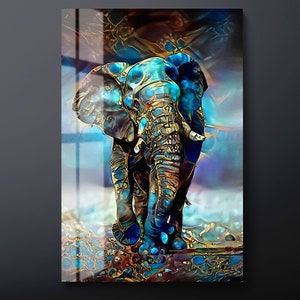 Abstract Elephant Glass Wall Art - Tempered Glass Animal Decor - Modern Spiritual Home Art - Blue Elephant Artwork Gift