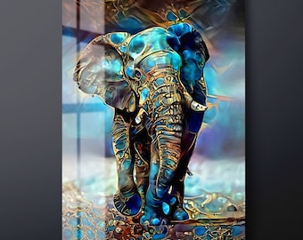 Abstract Elephant Tempered Glass Wall Art: Modern Blue & Gold Decor