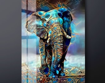 Blue Elephant Tempered Glass Wall Art, Animal Glass Wall Decor, Gold Detail Glass Wall Hanging, Ready to Hang