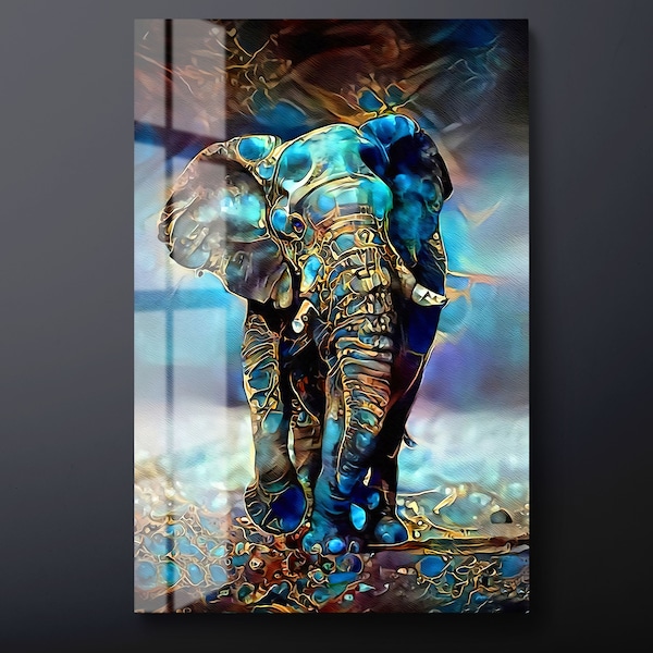 Blue Elephant Tempered Glass Wall Art, Animal Glass Wall Decor, Gold Detail Glass Wall Hanging, Ready to Hang