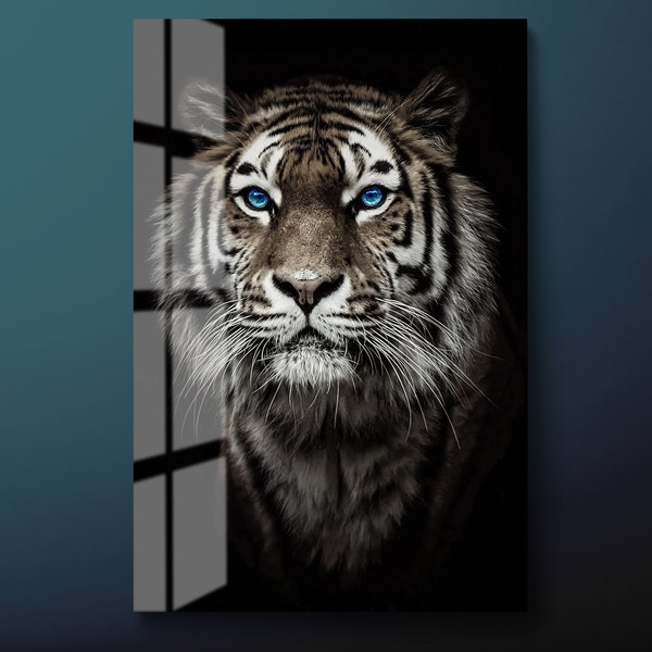 Tiger Tempered Glass Wall Art, Blue Eyes Tiger Glass Wall Decor, Animals Glass Wall Hanging, Ready to Hang