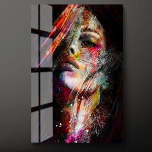 Abstract Woman Face Tempered Glass Wall Art, Colorful Woman Glass Wall Decor, Female Face Glass Wall Hanging, Ready to Hang