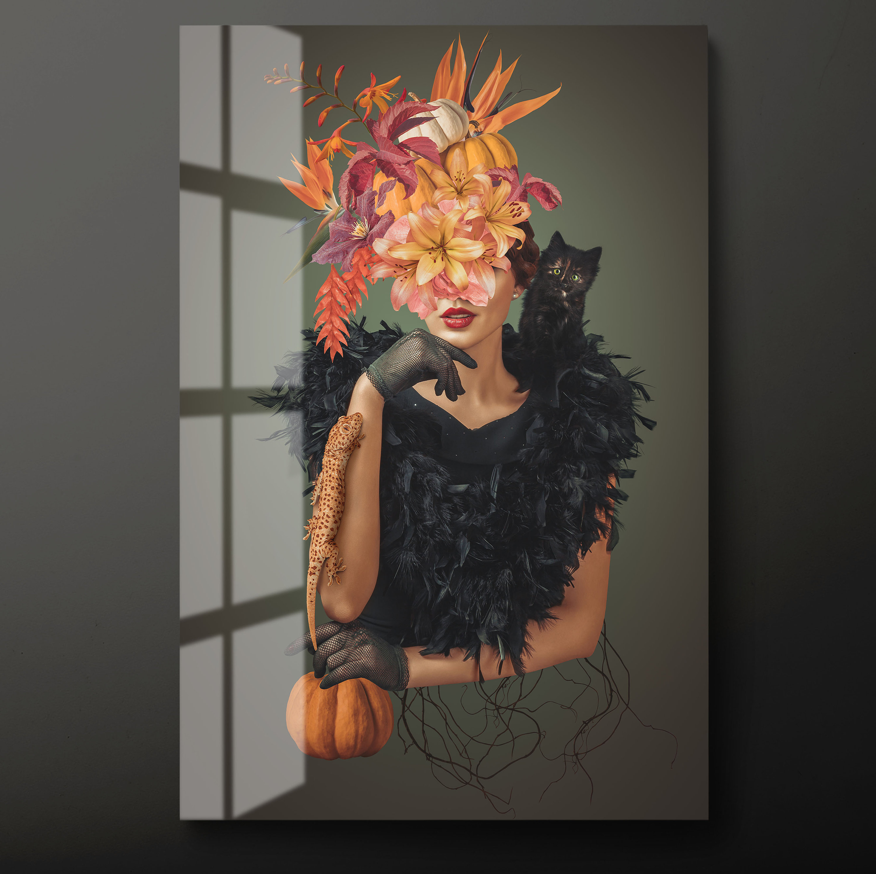 Woman in Flowers Tempered Glass Wall Art, Woman and Black Cat Glass Wall Decor, Animal and Beautiful Woman Glass Wall Hanging, Ready to Hang