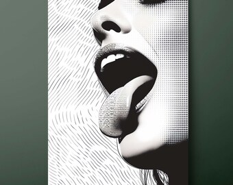 May include: Black and white pop art style print of a woman's face. The woman's mouth is open, with her tongue extended. The image is a close-up, with the woman's face filling most of the frame. The background has a textured pattern.