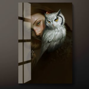 Owl and Woman Tempered Glass Wall Art, Animal and Human Glass Wall Decor, Beautiful Female and Owl Glass Wall Hanging, Ready to Hang