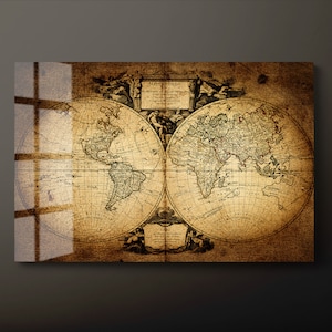 Vintage wereldkaart gehard glas kunst aan de muur, vintage kaart van de wereld glazen wand decor, geografische wereldkaart glazen wand hangend, klaar om op te hangen