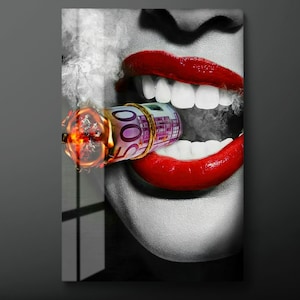 Red Lips Tempered Glass Wall Art, Money Cigar Between Lips Glass Wall Decor, Woman Lips Glass Wall Hanging, Ready to Hang