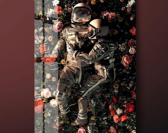 Cuadro de pared de cristal templado con diseño floral de una pareja de astronautas, decoración cósmica moderna.