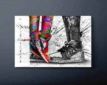 Graffiti Tempered Glass Wall Art, Black And Colorful Glass Wall Decor, Jordan Shoes Glass Wall Hanging, Ready to Hang