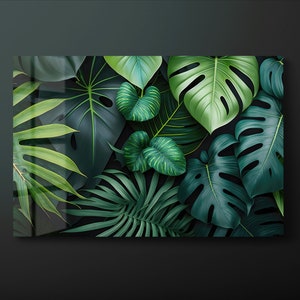Green Jungle Leaves Tempered Glass Wall Art, Green Forest Leaves Glass Wall Decor, Big Leaves Wall Hanging, Ready to Hang