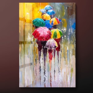 People Walking Under Umbrella Tempered Glass Wall Art, Colorful Umbrella Glass Wall Decor, Abstract Human Glass Wall Hanging, Ready to Hang