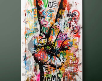 Peace Hand Graffiti Tempered Glass Wall Art: Urban Street Style-