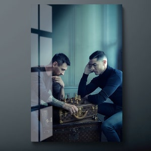 Messi Tempered Glass Wall Art, Cristiano Ronaldo Glass Wall Decor, Messi and Ronalde Playing Chees Glass Wall Hanging, Ready to Hang