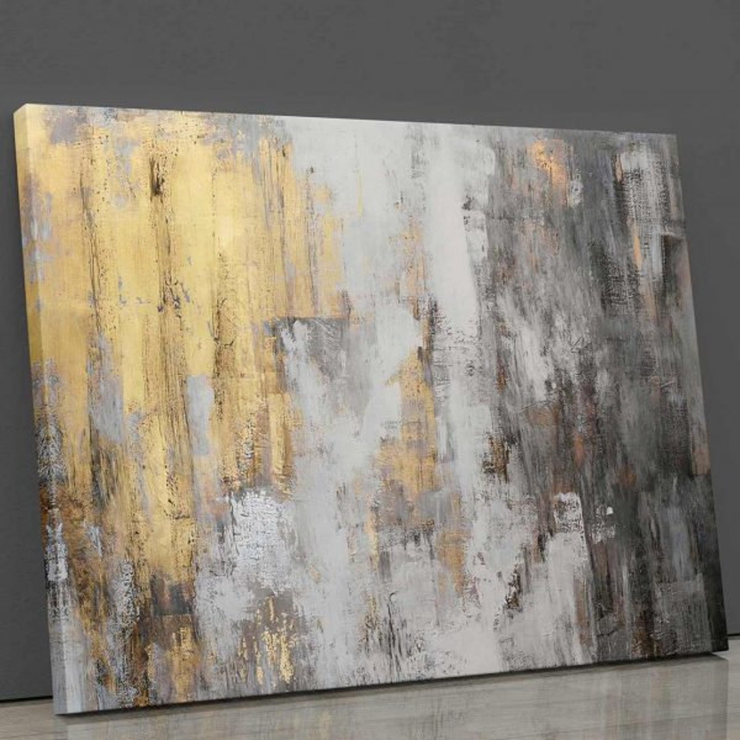 Gold Gray Abstract Canvas Wall Art Modern Abstract Canvas Etsy