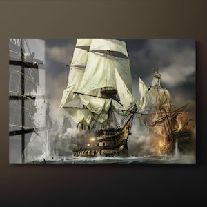 Sailing Ship Tempered Glass Wall Art, Pirate Ship Glass Wall Decor, Napoleon Ship Naval Battle Glass Wall Hanging, Ready to Hang