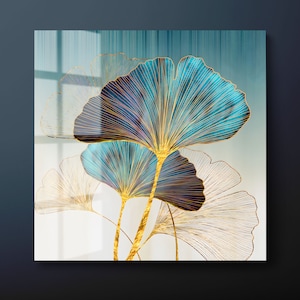 Ginkgo Flower Tempered Glass Wall Art, Gold Blue Flower Glass Wall Decor, Navy Blue Ginkgo Glass Wall Hanging, Ready to Hang