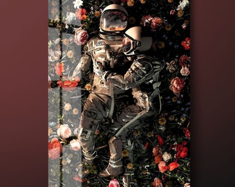Astronaut Lover Tempered Glass Wall Art, Nasa Couples Glass Wall Decor, Flowers and Couples Glass Wall Hanging, Ready to Hang