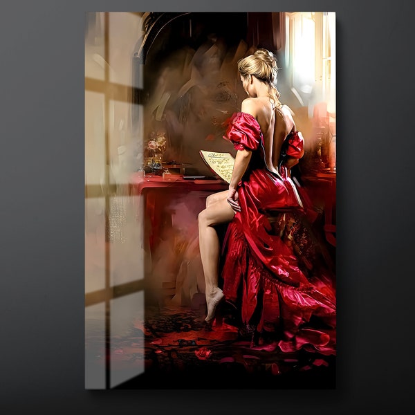 Rotes Kleid Frau Ausgeglichenes Glas Wandkunst, Mädchen Lesen Brief Glas Wand Dekor, Schöne Frau Glas Wandbehang, Bereit zum Aufhängen