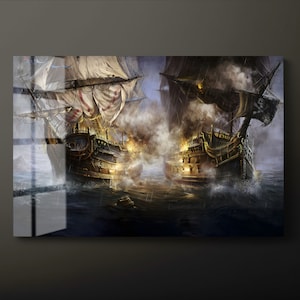 Battle Ship Tempered Glass Wall Art, Pirate Ship Glass Wall Decor, Sailing Boat War Ship Glass Wall Hanging, Ready to Hang