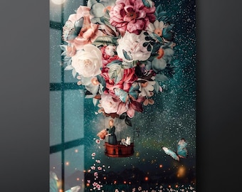 Floral Air Balloon Tempered Glass Wall Art: Surreal Home Decor-