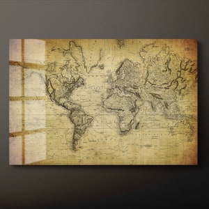 Vintage wereldkaart gehard glas kunst aan de muur, vintage kaart van de wereld glazen wand decor, geografische wereldkaart glazen wand hangend, klaar om op te hangen