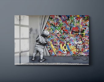 Banksy Tempered Glass Wall Art, Graffiti Glass Wall Decor, Banksy Street Art Glass Wall Hanging, Ready to Hang