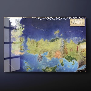Game of Thrones Map Gehärtetes Glas Wandkunst, Game of Thrones Glaswanddekor, Die bekannte Weltkarte Glaswandbehang, fertig zum Aufhängen
