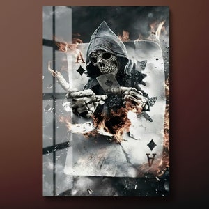Decorazione da parete in vetro temperato con carte da gioco, decorazione da parete in vetro con Grip Reaper, decorazione da parete in vetro astratta con Grip Reaper, pronta da appendere.
