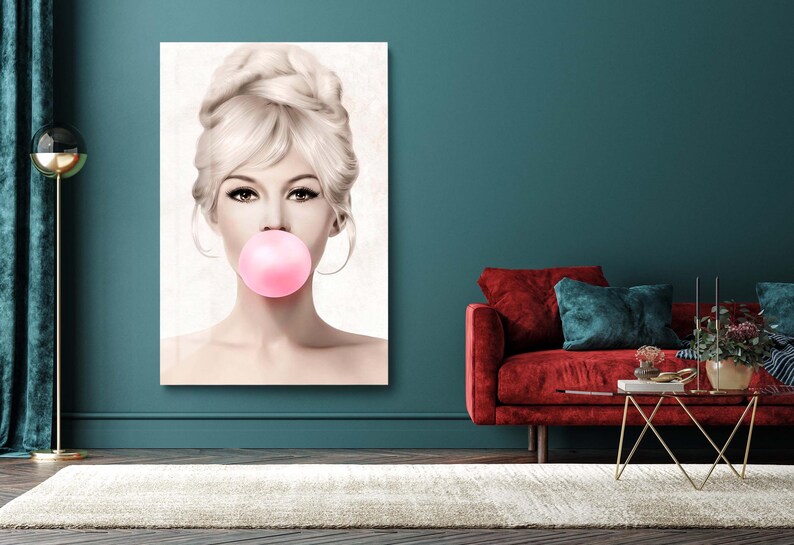 Brigitte Bardot Bubble Gum Tempered Glass Wall Art, Blonde Woman Portrait, Glam Wall Decor image 3