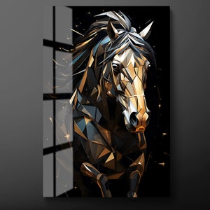 Gold Horse Tempered Glass Wall Art: Geometric Animal Decor