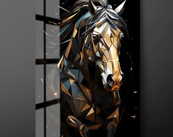 Gold Pferd Gehärtetes Glas Wandkunst, Pferd Glas Wand Dekor, Tier Glas Wandbehang, Fertig zum Aufhängen