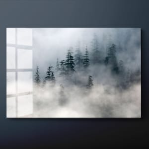 Arte de pared de vidrio templado con diseño de bosque brumoso, decoración de pared de vidrio con diseño de jungla de montaña brumosa, colgante de pared de vidrio con diseño de jungla brumosa, listo para colgar