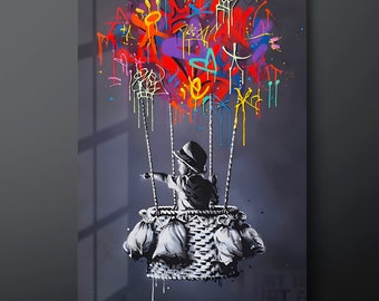 Banksy Kind in einem Ballon Graffiti gehärtetes Glas Wandkunst, Banksy Graffiti Glaswand Dekor, Street Art Glas Wandbehang, fertig zum Aufhängen