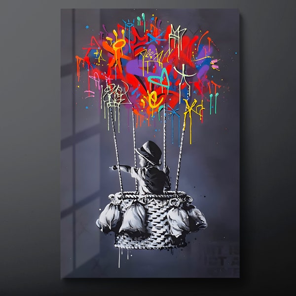 Banksy Child in a Balloon Graffiti Tempered Glass Wall Art, Banksy Graffiti Glass Wall Decor, Street Art Glass Wall Hanging, Ready to Hang