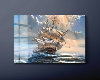 Sailing Ship Tempered Glass Wall Art, Pirate Ship Glass Wall Decor, Sailing Boat Glass Wall Hanging, Ready to Hang