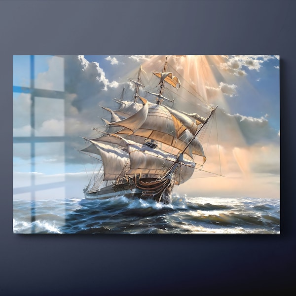 Segelschiff-Wandkunst aus gehärtetem Glas, Piratenschiff-Glaswanddekor, Segelboot-Glaswandbehang, fertig zum Aufhängen