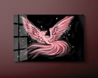 Arte de pared de vidrio templado de pájaro fénix, decoración de pared de vidrio de pájaro fénix rosa, colgante de pared de vidrio de pájaro Simurgh mitológico, listo para colgar