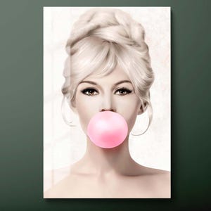 Brigitte Bardot Bubble Gum Tempered Glass Wall Art, Blonde Woman Portrait, Glam Wall Decor image 1