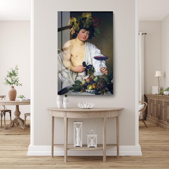 Caravaggio Bacchus Tempered Glass Art: Baroque Wine God Wall Decor