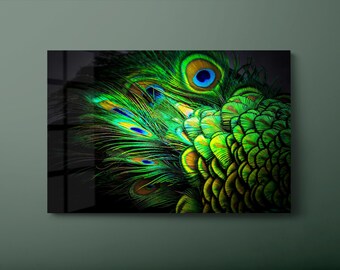 Peacock Feather Tempered Glass Wall Art: Green Animal Decor-