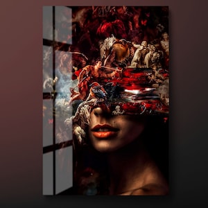 Renaissance Frau Gehärtetes Glas Wandkunst, Renaissance bei Mädchen Kopf Glas Wanddekor, Frau bei Renaissance Leinwand Gemälde, fertig zum Aufhängen