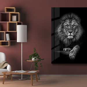 Black White Lion Tempered Glass Wall Art, Lion Portrait Glass Wall Decor, Animal Glass Wall Hanging, Ready to Hang image 4