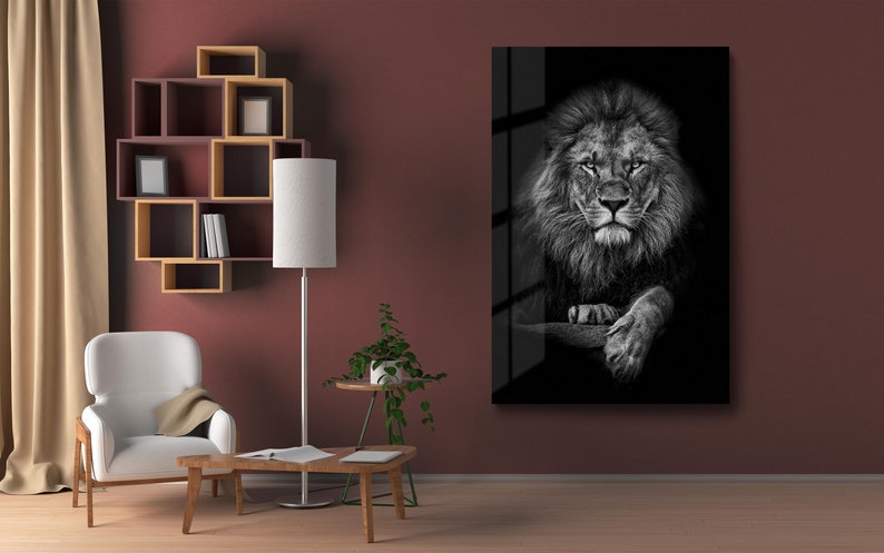 Black White Lion Tempered Glass Wall Art, Lion Portrait Glass Wall Decor, Animal Glass Wall Hanging, Ready to Hang image 4