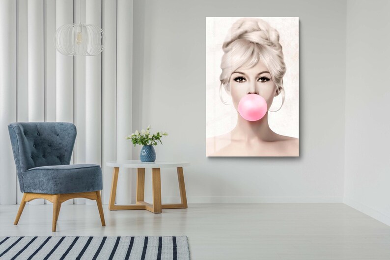 Brigitte Bardot Bubble Gum Tempered Glass Wall Art, Blonde Woman Portrait, Glam Wall Decor image 2